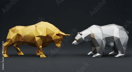 Low Poly Geometric Bull and Bear in Gold and Silver

