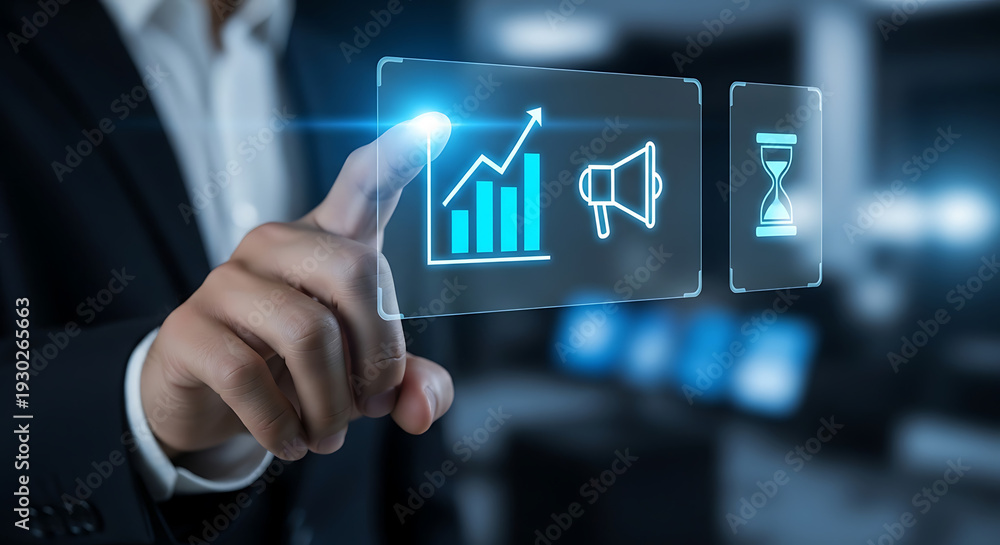 Obraz premium A businessman interacting with a digital interface displaying business growth and marketing icons