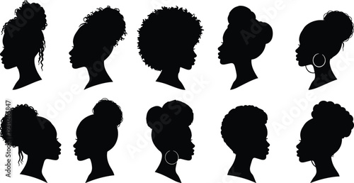 African American Women Silhouette Collection with Natural Afro Hairstyles and Profile Portraits Isolated on White Background for Beauty Design