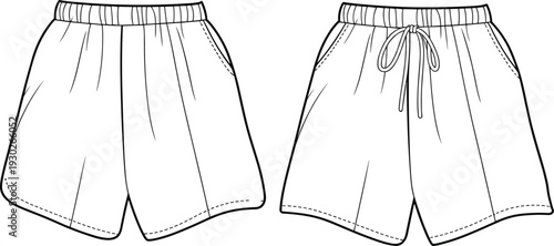 Flat vector CAD drawing of women's relaxed fit shorts with curved hem and drawstring waistband, technical fashion sketch, front view
