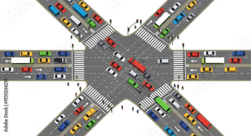 Busy Intersection with Cars and Pedestrians.