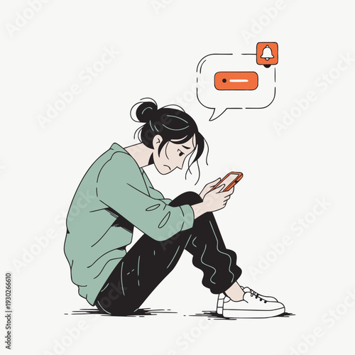 digital loneliness icon, person alone with smartphone, social media isolation concept