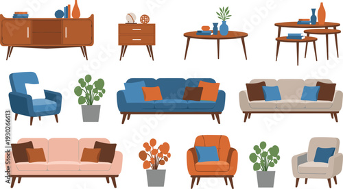 Mid Century Modern Living Room Furniture Set with Sofa Armchair Table Cabinet and Home Decor