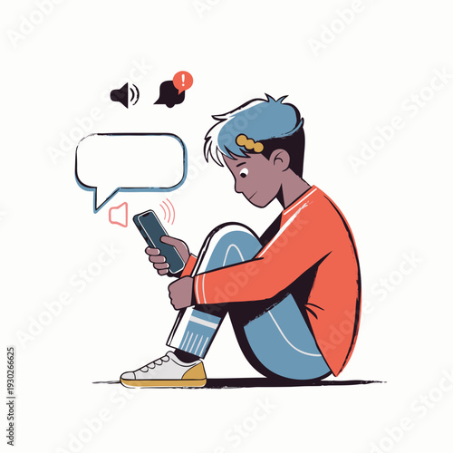 digital loneliness icon, person alone with smartphone, social media isolation concept