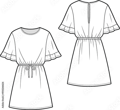 Flat vector CAD fashion drawing of girls ruffle sleeve dress with waist tie, round neckline, back zipper, front and back view