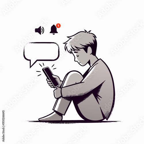 digital loneliness icon, person alone with smartphone, social media isolation concept