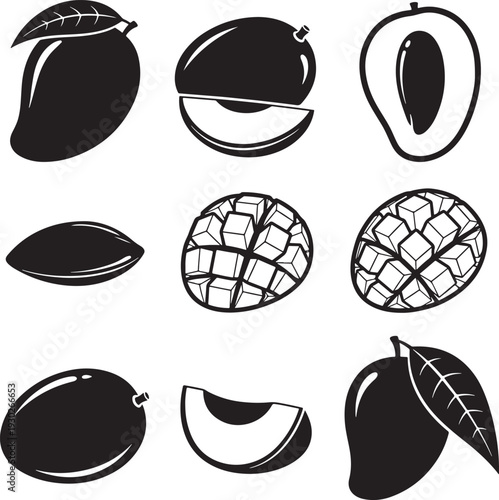 Black and White Mango and Pineapple Fruit Illustrations