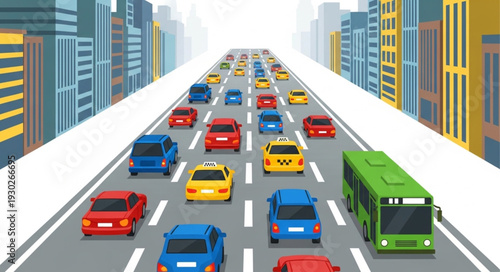 Busy Highway with Cars and Bus.