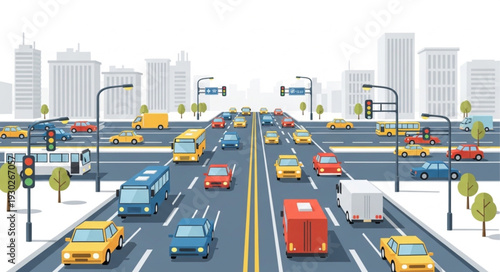 Busy Highway with Cars and Trucks.