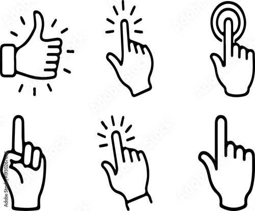 Set of 6 Hand Cursor Click Icons Vector