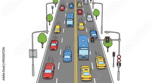 Busy Highway with Cars and Trucks.