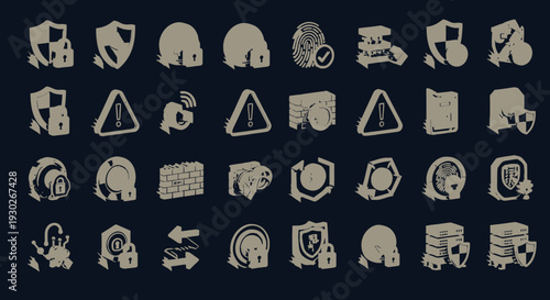 Collection of various security and safety icons displayed on a dark background from a straightforward viewpoint