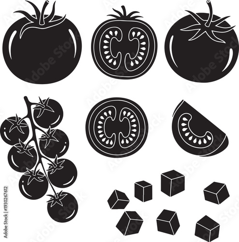 Black Tomato Vector Icons with Slices and Cubes