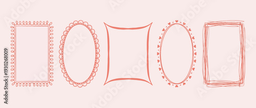 Doodle whimsical coquette frames and borders with bows and hearts. Hand drawn rectangle decorative borders for wedding invitation. Bachelorette party whimsical red frames with crayon texture