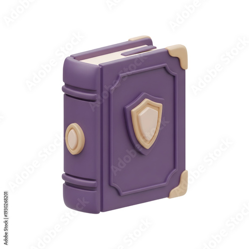 A 3D render of a closed purple book with a shield emblem on the cover, representing knowledge or magic