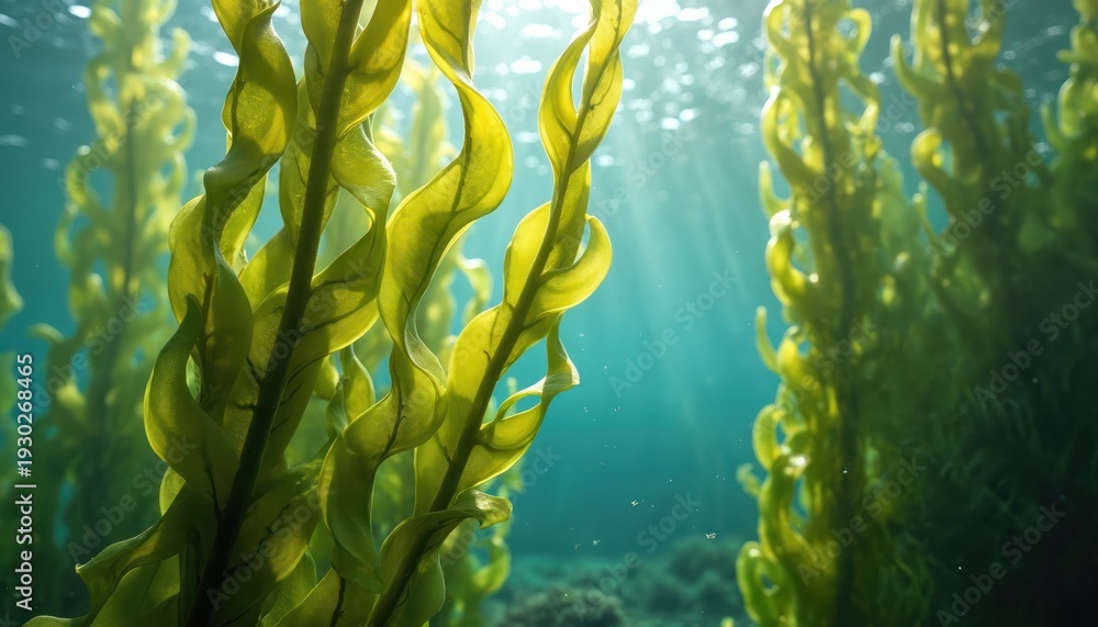 Fototapeta premium Underwater kelp forest grows in clear blue ocean. Sunlight rays shine through water surface onto green marine plant life. Aquatic flora thrives in calm sea depths.