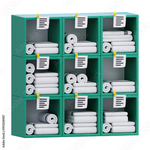 Neatly folded white towels organized in cubby shelves with labels, creating a clean and organized storage solution for laundry or spa items