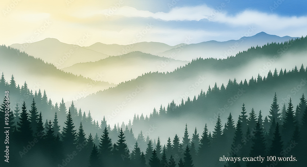 Fototapeta premium Serene mountain landscape with misty forest and sunrise