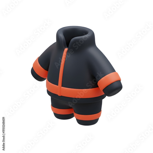 A 3D illustration of a dark blue and orange firefighting uniform, rendered on a white background