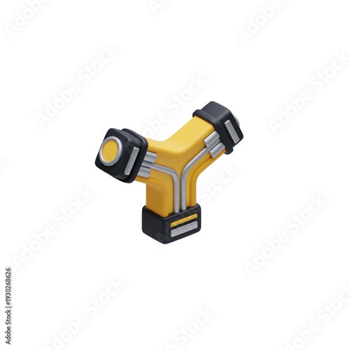 Abstract 3D illustration of a branching electrical connector with yellow and black components on a white background