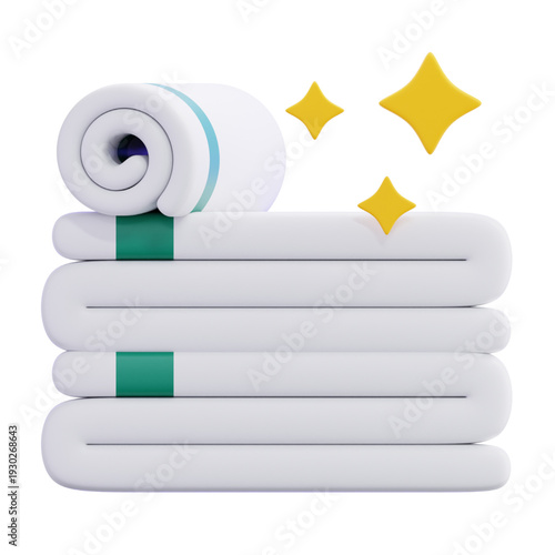 Clean and fresh folded towels with sparkling stars, representing hygiene and cleanliness in a 3D render