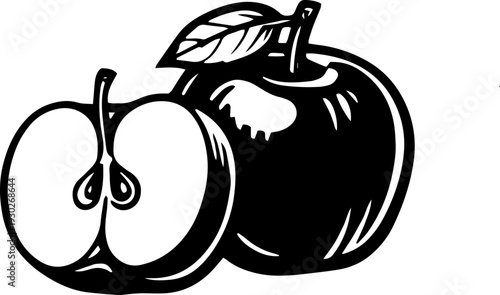 Black and white vector illustration of whole and sliced apple with leaf, minimalist fruit graphic isolated on light background.