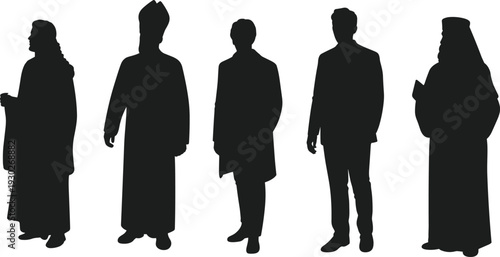 Collection of diverse male silhouettes including professional suits and traditional religious robes isolated on white background cad drawing flat vector illustration