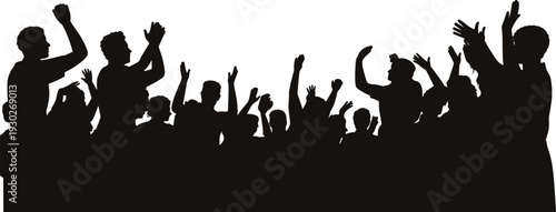 Cheering crowd silhouette of people clapping and raising hands at concert, cad drawing flat vector illustration, audience at public event