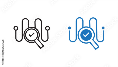 Minimal line icon of magnifying glass with check mark and control sliders. Editable stroke vector illustration symbolizing quality control, inspection, approval, and verification process.