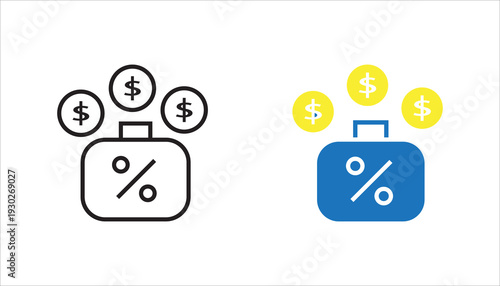 Outline vector icon of percentage symbol on wallet or tag with dollar coins above. Editable stroke illustration representing discount, promotion, sale, finance, and savings concept.