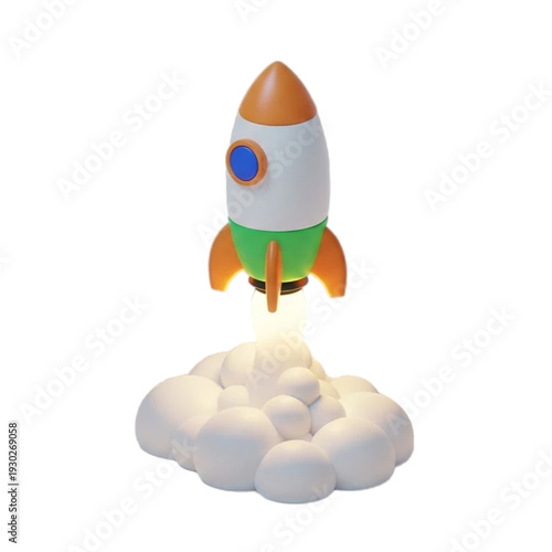 3D illustration of a cartoon rocket ship launching into space with a trail of smoke and fire against a white background