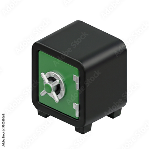 3D Isometric Illustration of a Secure Black and Green Safe with a Silver Dial