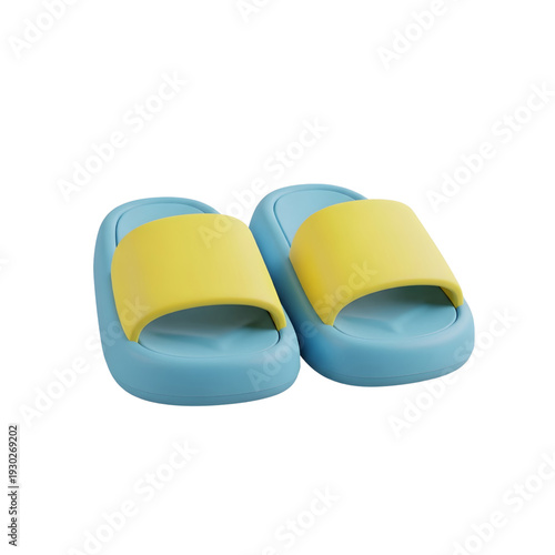 3D rendering of blue and yellow casual slip-on sandals on a white background