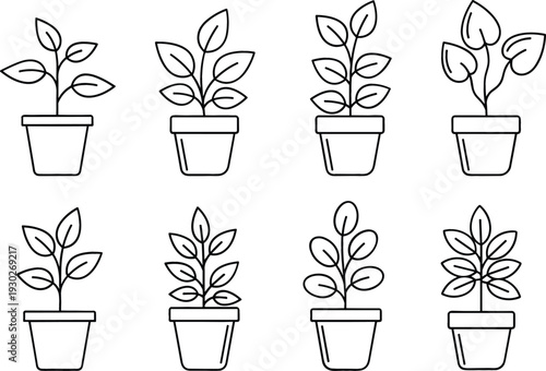 Potted Plant Outline Icon Set with Indoor Houseplants in Minimal Line Style for Home Decor, Gardening, and Botanical Design