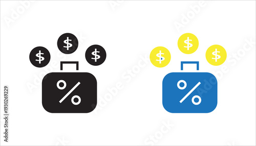 Outline vector icon of percentage symbol on wallet or tag with dollar coins above. Editable stroke illustration representing discount, promotion, sale, finance, and savings concept.