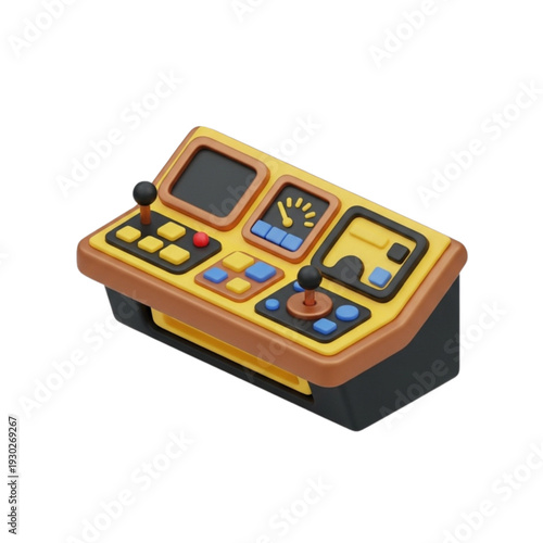 Retro futuristic control panel with colorful buttons, levers, and screens for time travel or gaming