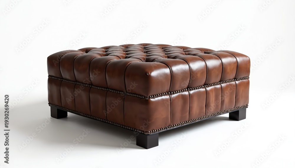 Fototapeta premium Brown leather square ottoman with button tufting and nailhead trim sits on dark wood legs. Classic Chesterfield style furniture, perfect for living rooms, studies, or boutiques for elegant seating.