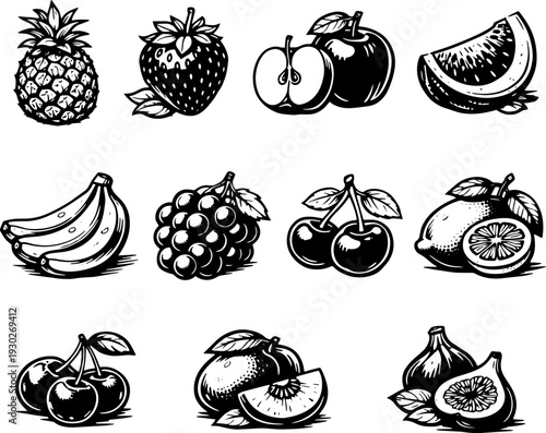 Black and white hand-drawn fruit icon set featuring pineapple, strawberry, apple, watermelon, banana, grapes, cherries, lemon, orange, and fig in vintage engraving style.