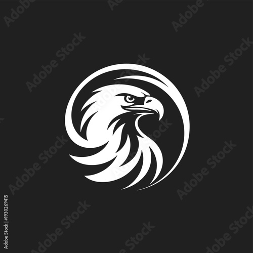 Eagle head logo design in circle shape silhouette, brave hawk or falcon bird face profile flat vector illustration on black background