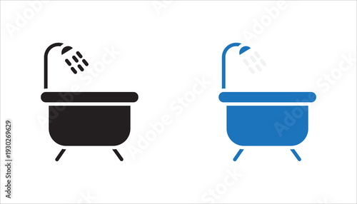 Simple outline icon of a bathtub with shower head and water spray. Clean and modern editable stroke vector illustration for bathroom, hygiene, home interior, and sanitation concepts.
