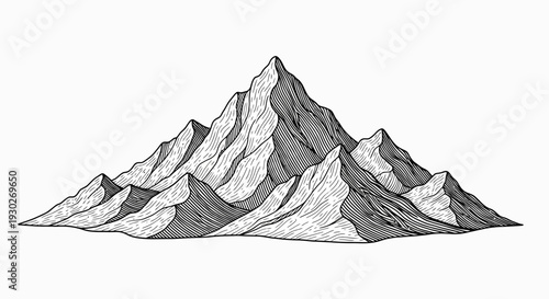 Hand-drawn mountain range illustration, vintage sketch style, peak, summit, nature landscape