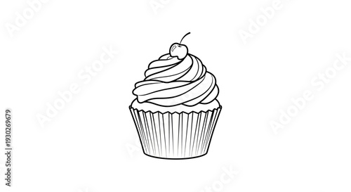 Hand-drawn sketch of a cupcake with frosting and a cherry on top, black and white.