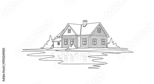 Hand-drawn Sketch of a Cozy Wooden House Reflected in Water
