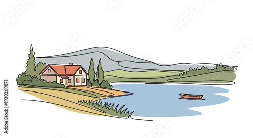 Idyllic lakeside house with a boat, serene landscape, and rolling hills