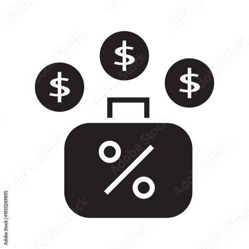 Outline vector icon of percentage symbol on wallet or tag with dollar coins above. Editable stroke illustration representing discount, promotion, sale, finance, and savings concept.