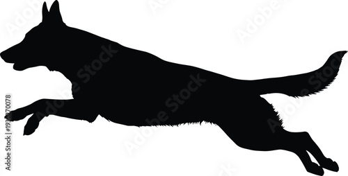 Jumping German Shepherd dog silhouette in mid air, black guard dog or police canine side profile flat vector illustration on white background