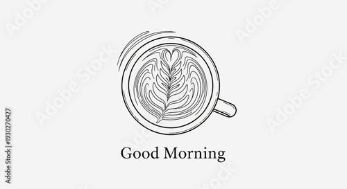 Good Morning Coffee Cup with Latte Art - Top View Sketch