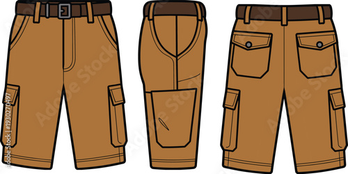 Flat vector CAD illustration of men’s cargo shorts with belt, side flap pockets, rear button pockets, functional outdoor fashion wear