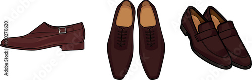 Colored vector illustration bundle of classic brown leather men's formal shoes. Includes single monk strap, top view oxfords, and penny loafers. Perfect for gentleman fashion and retail catalogs.