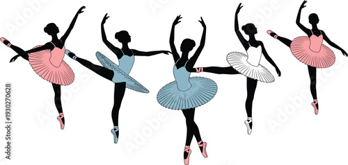 Graceful ballerina silhouettes in colorful tutus dancing, cad drawing flat vector illustration, elegant ballet dancers group set for digital